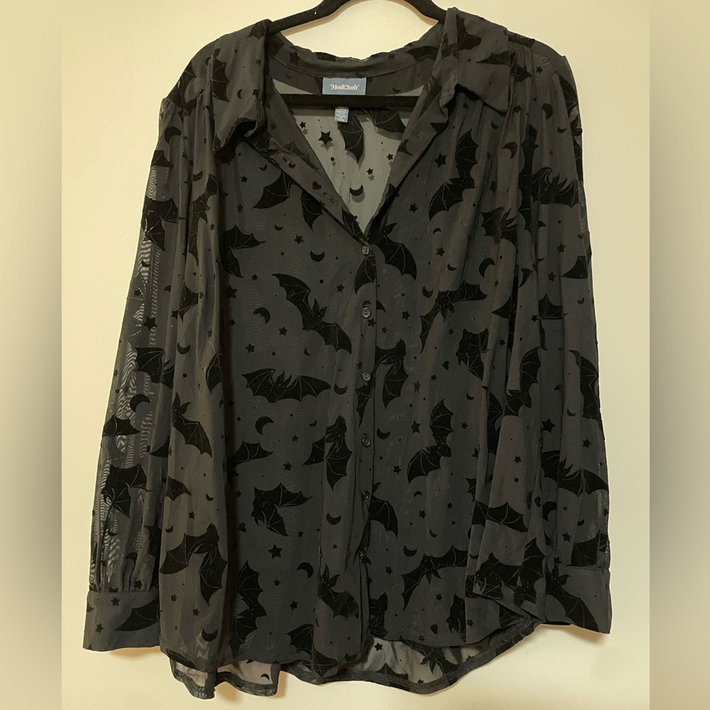 Modcloth Sheer Black Bat Halloween Button Up Blouse 3x